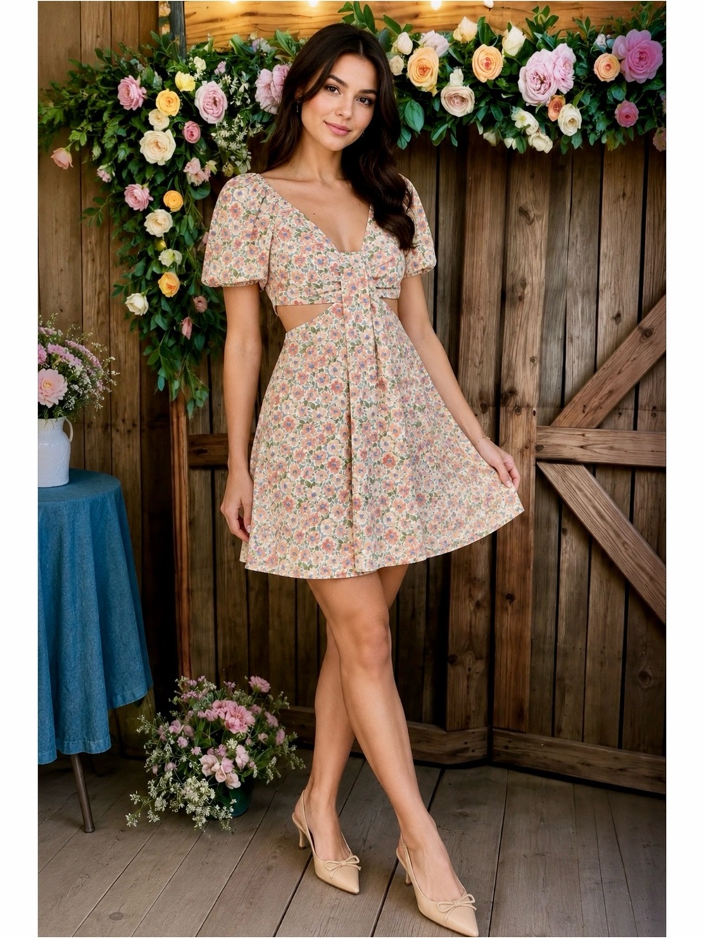 Lumiere Sage Banana Floral Cutout Puff Sleeve Mini Dress Cottagecore Party s/m/L - Picture 5 of 9